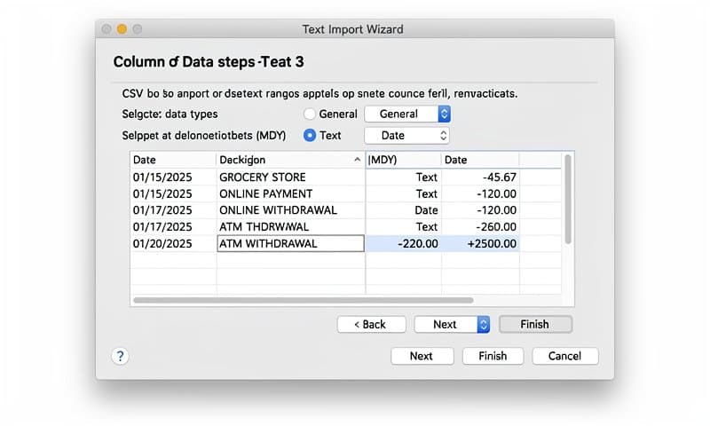 Excel import dialog showing CSV column type configuration for bank data