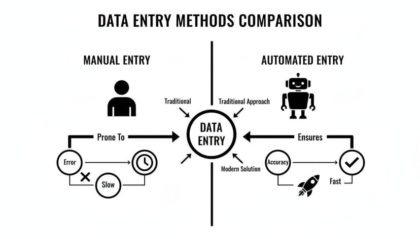 Infographic comparing manual data entry (prone to error, slow) with automated data entry (accurate, fast).