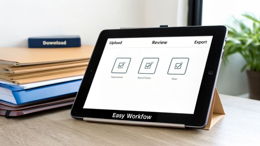 A tablet displays an easy workflow application with upload, review, and export steps completed.