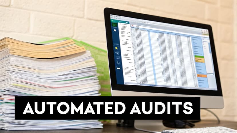 A stack of paper documents beside a computer monitor displaying a spreadsheet, with 