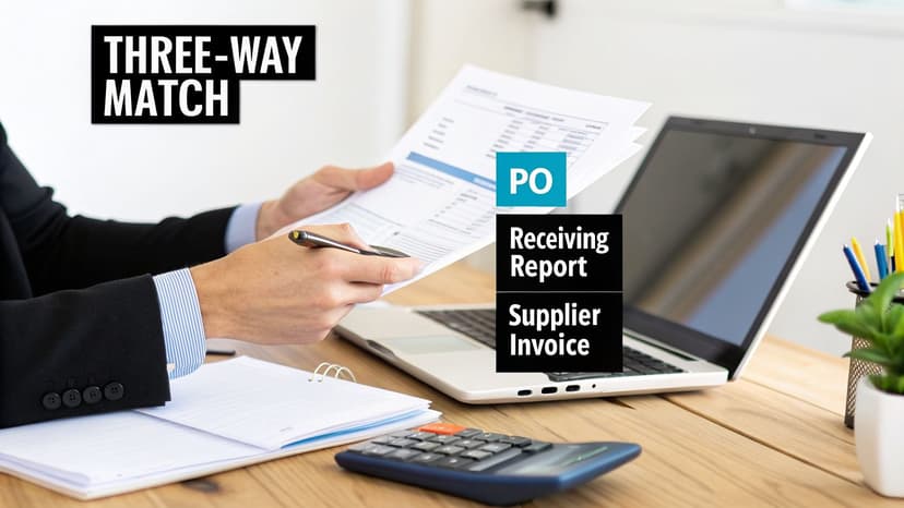 A person reviews financial documents on a desk, illustrating a three-way match for accounts payable.