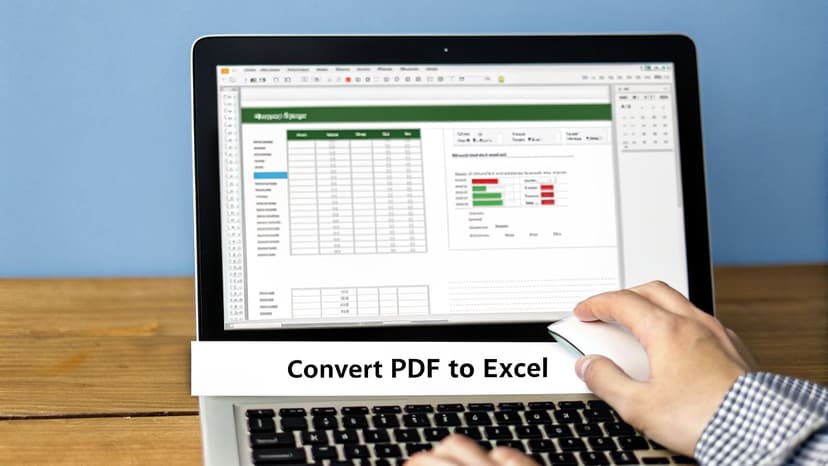 A person using a laptop to convert a PDF document to Excel, with a mouse on a wooden table.