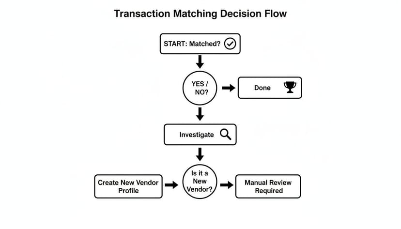A flowchart outlining the transaction matching decision process, from initial check to investigation and vendor management.