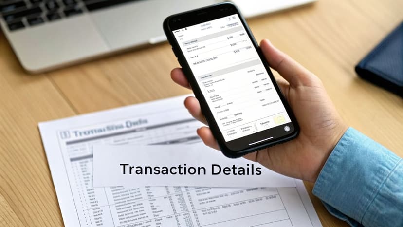 A person holds a smartphone displaying transaction details, with a bank statement and laptop on a wooden desk.