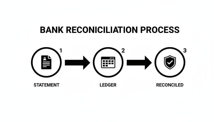 A flowchart illustrates the bank reconciliation process, showing statement, ledger, and reconciled steps with icons.