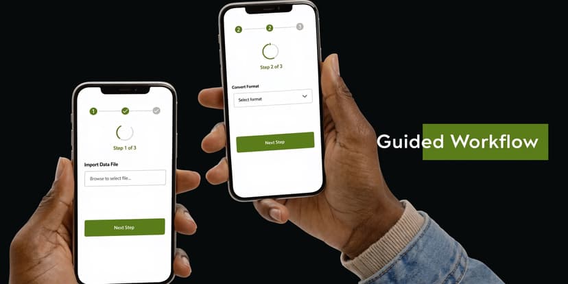 A person holding two smartphones displaying a user-friendly guided file conversion workflow on their screens.