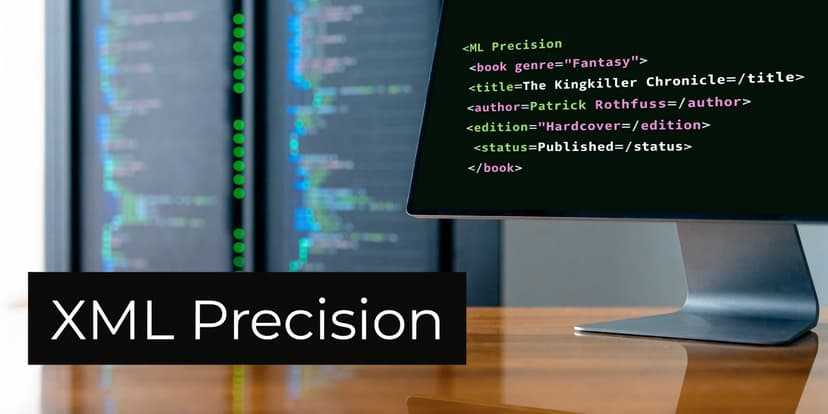 A computer monitor displaying XML code for book information with a large text overlay reading XML Precision.
