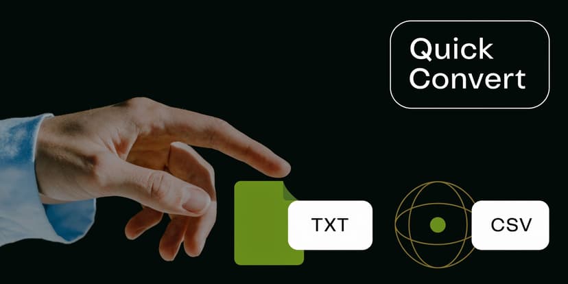 A hand pointing at a green text document file icon being converted to a CSV file format.