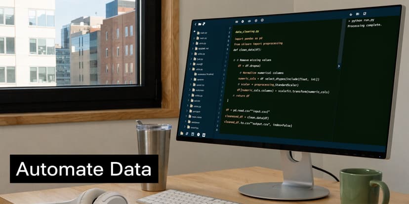 A computer monitor displaying Python data cleaning code on a desk with a metal tumbler and mug.