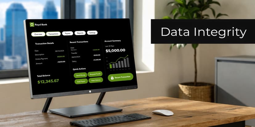 A modern computer screen displaying a digital banking interface with financial data in a minimalist office setting.