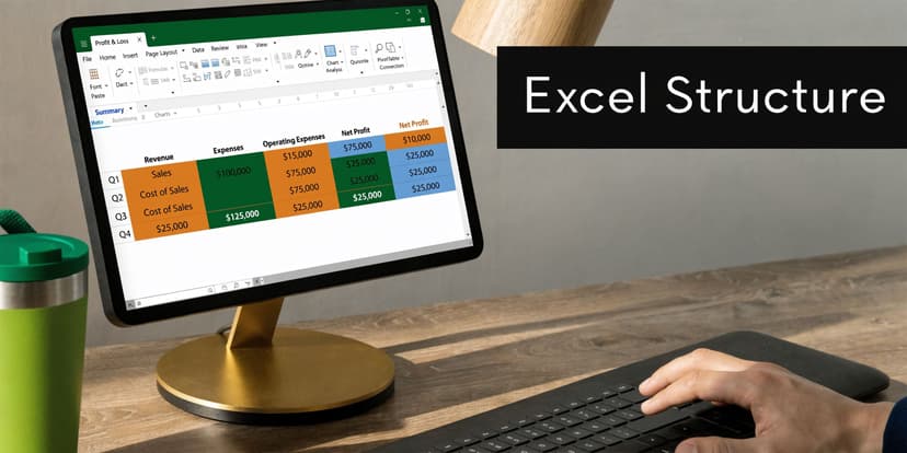 A computer screen displaying an Excel spreadsheet with profit and loss data on a wooden desk.