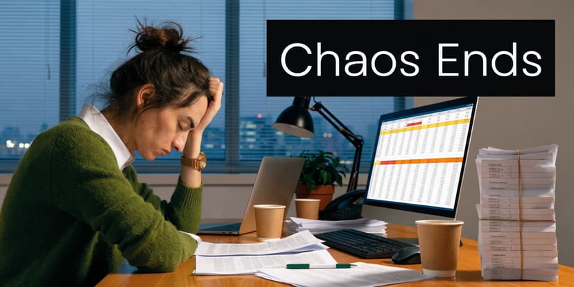 An exhausted office worker slumped over her desk, stressed by stacks of paperwork and spreadsheet data.