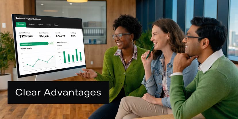 Three professionals discussing business analytics and financial data on a large computer screen in an office.