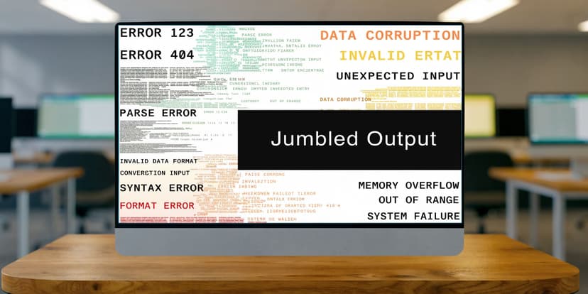 A computer monitor displaying a screen filled with various technical computer error messages and jumbled text.