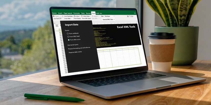 A laptop screen displaying an Excel spreadsheet with a custom data import tool and XML settings window.