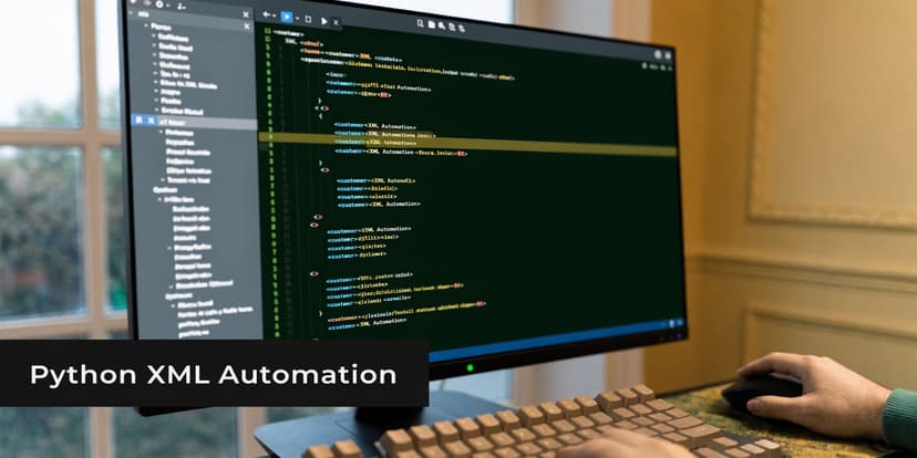 A developer coding XML automation on a desktop monitor with a mechanical keyboard and mouse visible.
