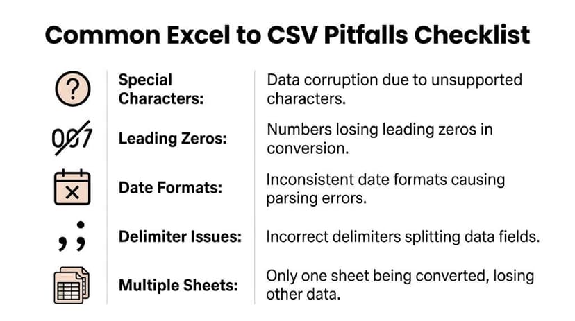 A checklist infographic illustrating five common technical pitfalls encountered when converting Microsoft Excel files to CSV format.