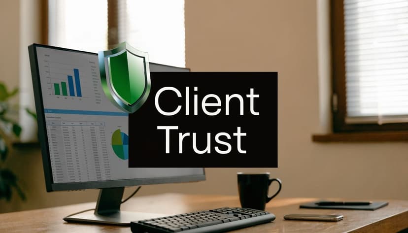 A computer monitor on a wooden desk displaying financial charts with a green protective shield overlay.