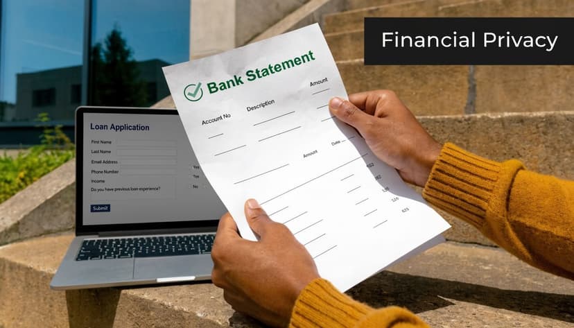 A person holding a bank statement while applying for a loan on a laptop computer outdoors.