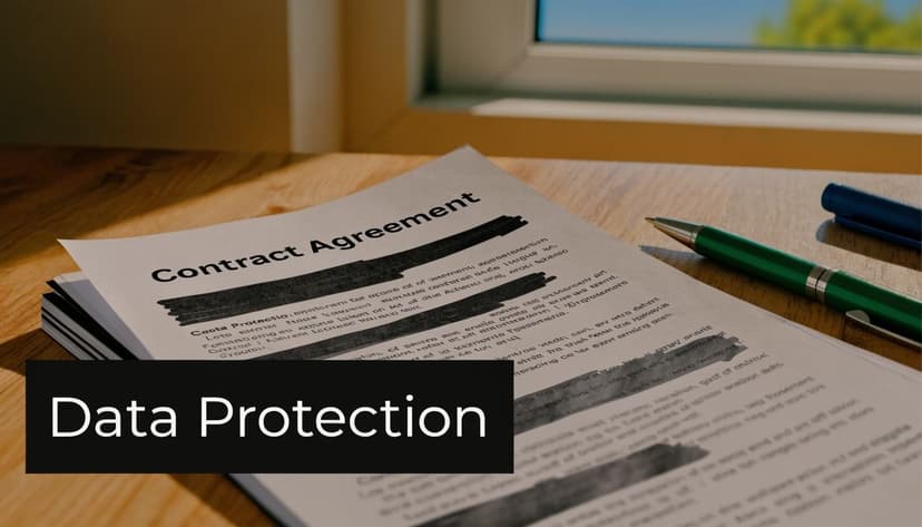 A document titled Contract Agreement with a prominent Data Protection header, resting on a wooden desk with pens.