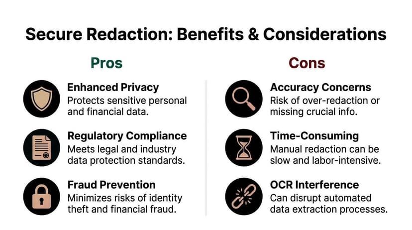 A comparison chart outlining the pros and cons of secure data redaction for privacy and compliance.