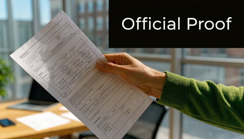 A professional hand holding a printed document with handwritten notes and signatures in an office setting.