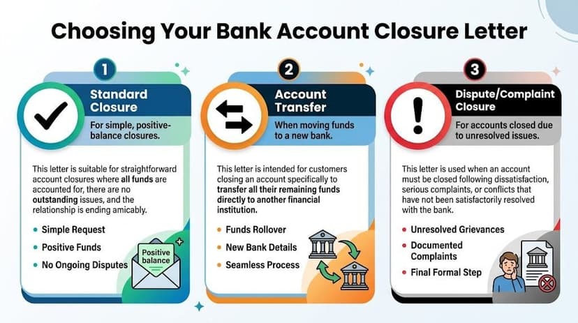 A helpful infographic outlining three types of bank account closure letters for different financial situations.