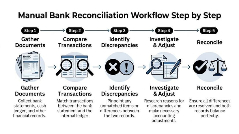 A five-step workflow diagram illustrating the manual bank reconciliation process for business financial records.