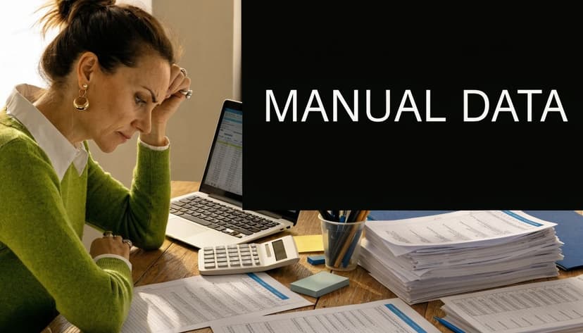 A woman looking stressed while reviewing large stacks of financial documents and data on her laptop.