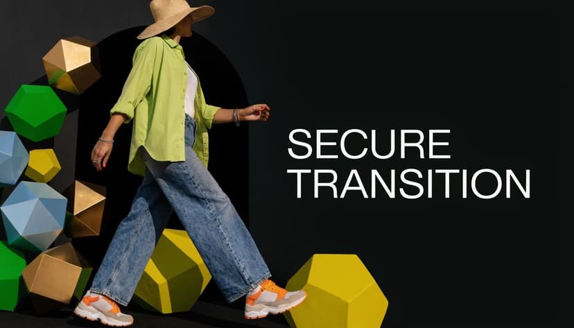 A person wearing a bright green shirt and hat walking past geometric sculptures with bold text overlay.