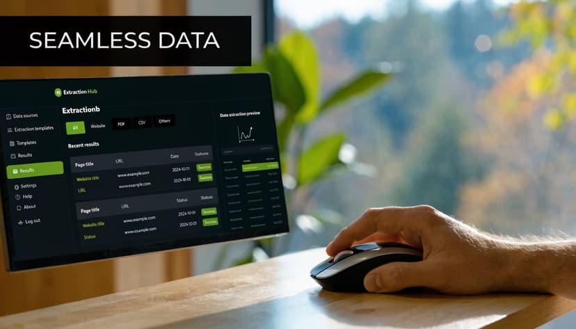A person using a computer mouse while viewing a data extraction software dashboard on a monitor screen.
