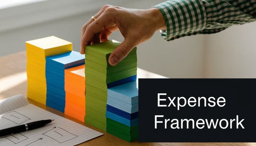 A person organizing stacks of colorful sticky notes to represent financial data for an expense framework.