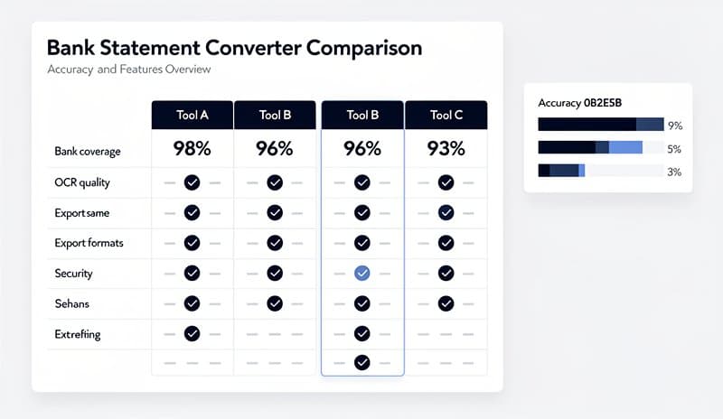 Bank statement converter accuracy comparison table showing tool ratings and feature support
