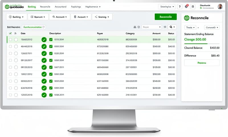 QuickBooks bank reconciliation screen showing matched and unmatched transactions with green checkmarks